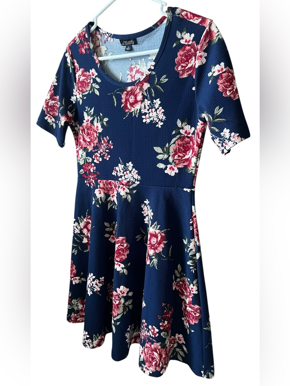 Navy Floral Fit & Flare Dress with Pink Roses by J for Justify - Picture 7 of 9